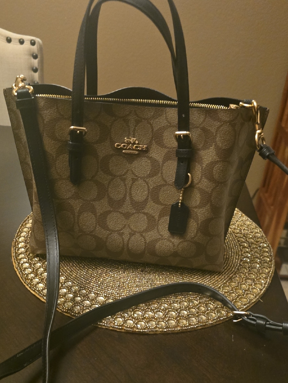 Coach Brown Signature Tote with Black Trim and Gold Hardware